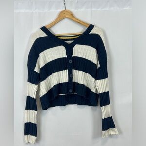 American Eagle Womens Cardigan Button Navy Ivory Stripes Cotton Acrylc